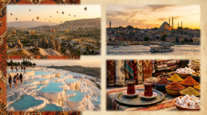 Turkey travel collage, Cappadocia hot air balloons, Istanbul mosque skyline, Pamukkale