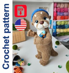 11.95 USDCrochet your own charming and expressive otter with this detailed amigurumi pattern — a soft and cuddly toy with sparkling eyes, a cute round nose, and an adorable fish friend. The otter's head is attached with a cotter pin joint for natural movement, while the arms, legs, and tail are crocheted directly into the body for added strength and structure.This PDF pattern includes both step-by-step photos and video tutorials to help guide you through each stage of the process. The finished toy stands approximately 13–14 inches (33–35 cm) tall when made with the recommended yarn.🧶 The toy is made using plush and velour yarns for a super soft texture. The fish and bucket are optional accessories that add extra charm (included in the pattern).📝 The PDF pattern includes:• Clear written instructions• High-quality process photos• QR-coded video tutorials for complex parts📌 The pattern is suitable for intermediate crocheters familiar with amigurumi techniques.Please note: this is a digital PDF file — not a finished toy. Materials are not included. Pattern available in English only.🧵 Materials and tools used:• Yarn:– Lavita Yarn Velur, color №1039 (brown), almost 2 skeins (main body)– Himalaya Dolphin Baby, colors №80363 (milk, for the muzzle) and №80301 (white, for eye whites)– YarnArt Mink, color №345 (milk, for the chest)– YarnArt Jeans, color №53 (black, for eyebrows and arrows)– Alize Cotton Gold, color №21 (for the bucket)– Microvelour yarn (or YarnArt Jeans), 100g/350m in 3 colors (for the fish)• Hooks:– 3.5 mm (E / 9), 2.5 mm (C / 12), 2 mm (B / 14)• Other tools and supplies:– Tapestry needle for sewing and sculpting– Safety eyes 18 mm, sparkling trapezoid shape– Oval nose 22×15 mm (can be made from polymer clay)– Stitch marker or contrast thread– Hollowfiber stuffing– Scissors– Cotter pin 3.2×32 mm + 2 disks (45 mm diameter) — for the head– Dry pastel and a brush (for toning)– Floral wire (0.9–1 mm), 2 pieces, 40 cm each– Adhesive tape– Beer or bindery cardboard (1.5 mm thick)✅ You can substitute the yarn or tools with similar ones — the result may vary slightly in size and texture.