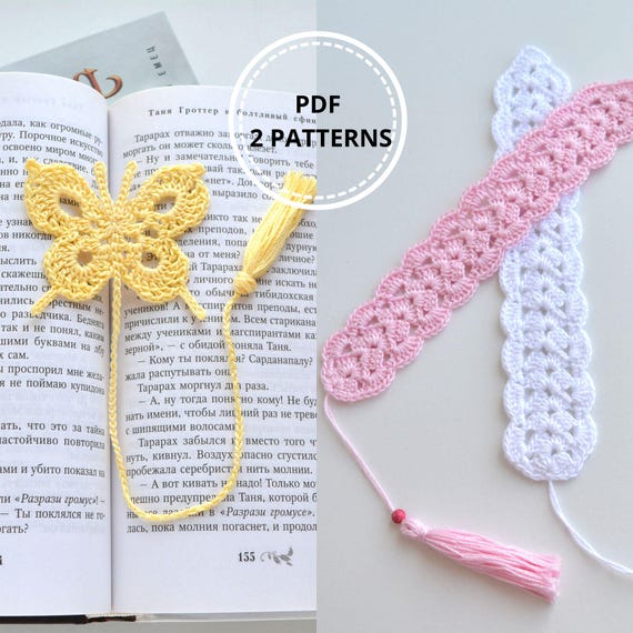 7.10 USDYou will download two bookmark patterns!Please note: this is not a readymade toy. Materials not included.For crocheting the bookmark you need the following:Yarn: cotton 100% - 50 g/200 m , hook № 1.70-1.751.Butterfly Bookmark comes out 32 cm (12,6 inches) 2.Lace Bookmark comes out 21 cm (8,3 inches).The pattern includes a step-by-step description of every row in English and photos.Level – elementaryThe pattern is easy, but you should know some basic crochet skills:ch–chain stitchdc – double crochettr – treble crochet sc – single crochetsl st – slip stitchDigital File UploadAfter purchasing this PDF pattern, you will be taken to the Downloads page where you can download all the digital files associated with your order.Permissible Use of the PatternPlease use this pattern for personal use only. Please do not copy, distribute or resell this pattern.