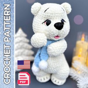 10.97 USDThis is a detailed crochet pattern that will guide you through making a plush teddy bear using amigurumi techniques. With this PDF pattern, you can crochet a soft standing bear with a scarf, expressive face, and rounded proportions. The pattern is designed for intermediate crocheters who are already familiar with basic crochet techniques. The finished toy works well as a handmade gift, nursery decor, or a collectible crochet figure.Important informationThis is a DIGITAL DOWNLOAD (PDF) crochet pattern.No physical toy will be shipped.The pattern is written in English.The pattern is written by a human designer and not generated by AI.All photos show real toys crocheted using this exact pattern.What’s includedA PDF file with 52 pages of detailed written instructionsStep-by-step guidance for the entire crochet processMore than 130 clear photos illustrating each stage10 video links explaining difficult moments (linked directly inside the PDF)Instructions for two construction options:- body and head crocheted as one piece- head attached with a cotter pin for rotationThe pattern does not teach basic crochet from scratch. Prior crochet experience is required.Finished sizeApproximate height: 11 inches (28–29 cm) using the listed materialsFinal size may vary depending on yarn choice, hook size, and tensionMaterials and toolsCrochet hooks:4 mm (main body)3 mm (scarf)2.5 mm (tongue)Plush yarn: LaVita Yarn Velur (120 m / 100 g)Color 1011 (milky): approx. 130–140 gScarf yarn: Fiesta nylon yarn (100 m / 50 g)Blue (105): approx. 10 gWhite (37): approx. 5 gYarnArt Jeans (160 m / 50 g): small amounts of black and pink (eyes and tongue)Trapezoid safety eyes, 20 mmSafety dog nose: 26 × 21 mm (alternatives possible)Cotter pin 2.5 × 28 mm, 2 discs (40 mm), pliersFirm thread for sculptingFiberfill or polyester stuffingScissors, tapestry needle, pins, stitch markerYou may use different yarns and tools, but the finished toy size and texture may change accordingly.