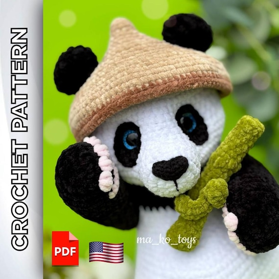 9.27 USDCreate your own adorable crochet panda with this detailed amigurumi pattern in PDF format. The step-by-step tutorial with photos will guide you through making a soft and huggable plush toy, complete with a bamboo stick and cute hat. Perfect as a handmade gift for kids, friends, or panda lovers, this crochet project brings joy and creativity to your crafting time. Designed for intermediate crocheters, but clear enough for confident beginners.The toy is crocheted as one piece, meaning the body and head are created together. The bottom paws are crocheted directly into the body, while the upper paws can be attached using plastic joints (there is also the option to crochet them into the body). The tail, ears, and other elements are sewn on.It contains a description of crocheting bamboo twigs and panama hats.The height of the finished toy, using the stated materials, is about 34-36 cm (14.1 inches).This pattern does not include the lessons of crocheting. You must have previous knowledge of crochet techniques.The crochet pattern in Pdf format includes:- detailed text description of knitting on 45 pages;- more than 110 high-quality photos of the process;- 9 links to videos of difficult moments (you need to click on the text highlighted in pink and you will be automatically redirected to the desired video).The template is only available in English.Please note: this is not a readymade toy. Materials not included.The required materials:•4 mm basic crochet hook, 2.5 mm crochet hook for the nose.•Plush yarn LaVita Yarn Velur (120m/100g).Basic color 1002 (white) - 110-115 g.Additional colors: 6500 (black) - 110-115 g, 4005 (light pink) - 10-15 g.For a bamboo branch, I use a little green yarn (8122 emerald). For a panama color 7119 (cappuccino) - about 40-45 g, color 4135 (chocolate) - about 10 g.•For the nose, I use a little black yarn YarnArt Jeans (160m/50g). You may use a safety nose 25х20 mm.•Firm thread for tightening (such as cotton Coco Vita, Rose, or Iris).•Stuffing material (fiberfill/polyester).•Hemisphere safety eyes D=18 mm (you may use trapezoid eyes, but they are difficult to install).•Plastic joints/cotter pins 35 mm.•Scissors, tapestry needle, pins, and stitch marker to indicate the beginning of the round. ✅ You can use any yarn and tools, but the final size of the toy may vary.