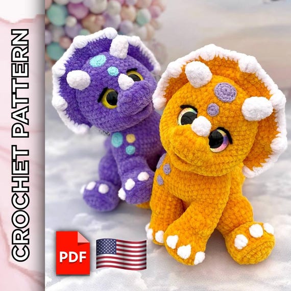 9.99 USDThe toy is crocheted as one piece, i.e., the body and head are crocheted together. The horns, crown, and design elements are attached during the crocheting process.The height of the finished toy (using the stated materials) is about 9.8 inches (ca. 25-26 cm). The crochet pattern in Pdf format includes:- detailed text description of knitting on 49 pages;- more than 130 high-quality photos of the process;- 11 links to videos of difficult moments (you need to click on the text highlighted in pink and you will be automatically redirected to the desired video).This pattern does not include the lessons of crocheting. You must have previous knowledge of crochet techniques.The template is only available in English.Please note: this is not a readymade toy. Materials not included.The required materials:- 4 mm the basic crochet hook, 2.5 mm crochet hook for the spots of the body. - Plush yarn LaVita Yarn Velur (120m/100g).The basic color - 1,5 skeins. For the purple dinosaur I used color 4150 (lilac), yellow - 2323 (yellow). Additional color 1002 (white) - about 20 g.- For the eyes and spots, I used a little bit of YarnArt Jeans (160m/50g) black and light blue/purple and yellow colors. - Firm thread for tightening. - Stuffing material (fiberfill/polyester).- Trapezoid safety eyes with oblique pupil D=25 mm.- Scissors, tapestry needle, pins, and stitch marker to indicate the beginning of the round.✅ You can use any yarn and tools, but the final size of the toy may vary.