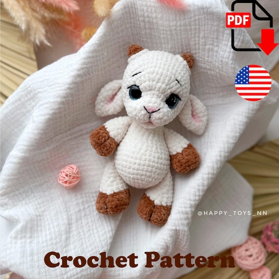 9.80 USDCreate your own soft plush goat with this crochet pattern PDF. This amigurumi pattern includes step-by-step instructions for making a small goat toy with floppy ears, tiny horns, and a rounded body. The project is suitable for crocheters with basic crochet skills and works well as a handmade gift, nursery decor piece, or cozy plush toy for a collection.This is a digital download only. No physical item will be shipped.The pattern is written in English using standard American crochet terminology.All photos in this listing show real handmade toys created from this pattern.This crochet pattern was written by a human and is not AI-generated.What’s included:• 22-page PDF crochet pattern• Detailed step-by-step instructions• Supporting videos for crocheting more complex details• Informative progress photos throughout the pattern• Instructions for assembling the goat toy with movable or sewn head optionsThe finished toy measures approximately 21 cm (8.3 inches) tall when using the recommended materials. Final size may vary depending on yarn choice, crochet tension, and hook size.Construction details:The head is crocheted separately and can either be attached with a cotter pin joint and discs for mobility or sewn directly onto the body. The arms and legs are crocheted into the body as you work. The horns, ears, and tail are sewn on separately.Materials and tools:• Plush yarn similar to Himalaya Dolphin Baby• Alternative yarns with similar texture and thickness can also be used• Approximately 3/4 skein of the main body color• Small amounts of contrasting plush yarn for the hooves and horns• Thin black yarn for facial details and decoration• 18 mm safety eyes• 4 mm crochet hook• Cotter pin and 30 mm discs for a movable head option• Needle-nose pliers for attaching the cotter pin joint• Fiberfill stuffing• Dry pastel for optional ear tinting• Sewing needle for assemblyBasic crochet knowledge is required. The pattern does not include crochet lessons or beginner tutorials.