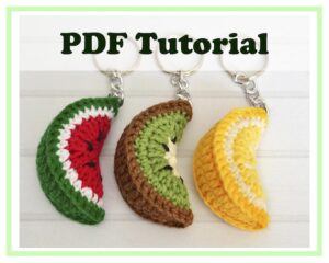 4.99 USDKiwi, Watermelon, Lemon Keychain. Crochet pattern.Keychain Size ≈ 2.2 in (5,5 cm). Materials:- YarnArt Jeans (cotton - 55%, polyacrylic - 45%, 50g/160m):- Hook 2.5 mm.- Stuffing toys material.- Needle, thread, scissors, marker for stitches.Abbreviations:R – row ch – chain sl st - slip stitch sc – single crochethdc - half double crochetdc – double crochetinc – increase (2 sc in one stitch) dec – decrease (2 sc together)[...] - number of stitches you should have at the end of the row(…) - repeat whatever is between the brackets the given number of timesPattern is written in English. This listing is for a PDF PATTERN INSTANT DOWNLOAD, not a finished product.