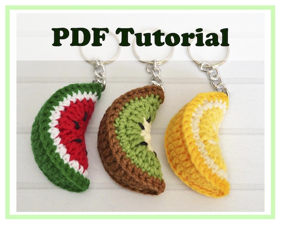 4.99 USDKiwi, Watermelon, Lemon Keychain. Crochet pattern.Keychain Size ≈ 2.2 in (5,5 cm). Materials:- YarnArt Jeans (cotton - 55%, polyacrylic - 45%, 50g/160m):- Hook 2.5 mm.- Stuffing toys material.- Needle, thread, scissors, marker for stitches.Abbreviations:R – row ch – chain sl st - slip stitch sc – single crochethdc - half double crochetdc – double crochetinc – increase (2 sc in one stitch) dec – decrease (2 sc together)[...] - number of stitches you should have at the end of the row(…) - repeat whatever is between the brackets the given number of timesPattern is written in English. This listing is for a PDF PATTERN INSTANT DOWNLOAD, not a finished product.