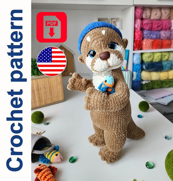 11.95 USDCrochet your own charming and expressive otter with this detailed amigurumi pattern — a soft and cuddly toy with sparkling eyes, a cute round nose, and an adorable fish friend. The otter's head is attached with a cotter pin joint for natural movement, while the arms, legs, and tail are crocheted directly into the body for added strength and structure.This PDF pattern includes both step-by-step photos and video tutorials to help guide you through each stage of the process. The finished toy stands approximately 13–14 inches (33–35 cm) tall when made with the recommended yarn.🧶 The toy is made using plush and velour yarns for a super soft texture. The fish and bucket are optional accessories that add extra charm (included in the pattern).📝 The PDF pattern includes:• Clear written instructions• High-quality process photos• QR-coded video tutorials for complex parts📌 The pattern is suitable for intermediate crocheters familiar with amigurumi techniques.Please note: this is a digital PDF file — not a finished toy. Materials are not included. Pattern available in English only.🧵 Materials and tools used:• Yarn:– Lavita Yarn Velur, color №1039 (brown), almost 2 skeins (main body)– Himalaya Dolphin Baby, colors №80363 (milk, for the muzzle) and №80301 (white, for eye whites)– YarnArt Mink, color №345 (milk, for the chest)– YarnArt Jeans, color №53 (black, for eyebrows and arrows)– Alize Cotton Gold, color №21 (for the bucket)– Microvelour yarn (or YarnArt Jeans), 100g/350m in 3 colors (for the fish)• Hooks:– 3.5 mm (E / 9), 2.5 mm (C / 12), 2 mm (B / 14)• Other tools and supplies:– Tapestry needle for sewing and sculpting– Safety eyes 18 mm, sparkling trapezoid shape– Oval nose 22×15 mm (can be made from polymer clay)– Stitch marker or contrast thread– Hollowfiber stuffing– Scissors– Cotter pin 3.2×32 mm + 2 disks (45 mm diameter) — for the head– Dry pastel and a brush (for toning)– Floral wire (0.9–1 mm), 2 pieces, 40 cm each– Adhesive tape– Beer or bindery cardboard (1.5 mm thick)✅ You can substitute the yarn or tools with similar ones — the result may vary slightly in size and texture.