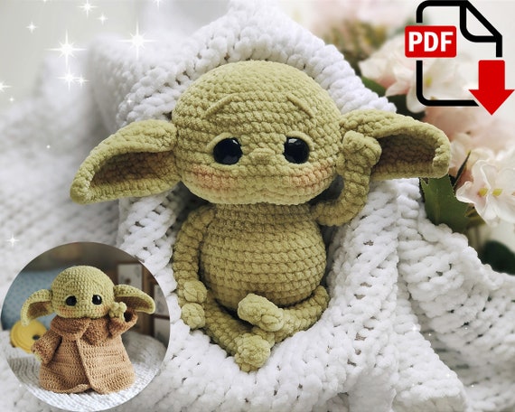 8.41 USDA stunning gift for fans of the star saga. This cute alien will warm your hearts. Make an incredible toy with your own hands.Please note: this is not a readymade toy. Materials not included.Language: English.List of recommended materials and tools•Yarn HiMALAYA Dolphin Baby-color code 359, gauge: 120m/100gr. For a toy you will need about 80-100 gr of the yarn. •Size 2.75 mm or 3mm crochet hook. Final size of the toy is about 21 cm tall, depending on how tight you crochet.•Yarn to make the cloak YarnArt Jeans – color code 07 or Alize Cotton Gold – color 262 or any similar yarn 50 gr.•Fluffy yarn for the collar and the cuffs YarnArt Mink – color code 331 or Alize Softy – color code 199.•Size 2 or 2.5 mm crochet hook to make clothes.•Thread matching color to do sculpting (Iris or mouline thread).•Toy eyes d. 20mm.•Toy stuffing.•Scissors.•Stitch marker.