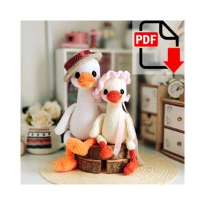 6.27 USDCrochet pattern for a pair of amigurumi geese dressed in country-style accessories, including a hat and a ruffled bonnet. This digital PDF tutorial will help you create decorative bird toys that are perfect for farmhouse decor, seasonal displays, nursery shelves, or handmade gifts. Their vintage-inspired look and charming details make them a unique addition to any crochet animal collection.All photos show real handmade toys created from this pattern. This pattern is written by a human, not generated by AI.The finished toy using the materials stated in this pattern is ~12.5 inches / 32 cm tall, depending on the crochet density.Language: English.Please note: this is not a readymade toy. Materials not included.The required materials.•Plush yarn HiMALAYA Dolphin Baby: 120m/100g, white No. 301 or milk No. 308.For one toy, you need about 1 skein. I used 86 g of the basic color.The finished toy using the materials stated in this pattern is ~12.5 inches / 32 cm tall, depending on the crochet density.•The additional yarn: orange No. 316 or mustard No. 330.•For the cap: a little bit of sandy color No. 317.•For the forelock: white or milk color yarn YarnArt Texno or Lanoso Single.• 3 mm crochet hook.• Thread matching the colors (Iris)for the muzzle sculpting and sewing of the parts.• Safety eyes D=18 mm.• Stuffing material (fiberfill/polyester).• Tapestry needle for sewing and sculpting.• Scissors.• Stitch marker.You can use the yarn of other brands and colors for crocheting the toy. In the pattern, I indicate the colors that I used.