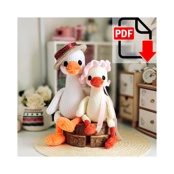 6.27 USDCrochet pattern for a pair of amigurumi geese dressed in country-style accessories, including a hat and a ruffled bonnet. This digital PDF tutorial will help you create decorative bird toys that are perfect for farmhouse decor, seasonal displays, nursery shelves, or handmade gifts. Their vintage-inspired look and charming details make them a unique addition to any crochet animal collection.All photos show real handmade toys created from this pattern. This pattern is written by a human, not generated by AI.The finished toy using the materials stated in this pattern is ~12.5 inches / 32 cm tall, depending on the crochet density.Language: English.Please note: this is not a readymade toy. Materials not included.The required materials.•Plush yarn HiMALAYA Dolphin Baby: 120m/100g, white No. 301 or milk No. 308.For one toy, you need about 1 skein. I used 86 g of the basic color.The finished toy using the materials stated in this pattern is ~12.5 inches / 32 cm tall, depending on the crochet density.•The additional yarn: orange No. 316 or mustard No. 330.•For the cap: a little bit of sandy color No. 317.•For the forelock: white or milk color yarn YarnArt Texno or Lanoso Single.• 3 mm crochet hook.• Thread matching the colors (Iris)for the muzzle sculpting and sewing of the parts.• Safety eyes D=18 mm.• Stuffing material (fiberfill/polyester).• Tapestry needle for sewing and sculpting.• Scissors.• Stitch marker.You can use the yarn of other brands and colors for crocheting the toy. In the pattern, I indicate the colors that I used.