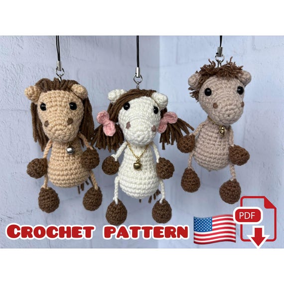 3.50 USDKeychain horse, made with your own hands, will be a great gift. This keychain would be a great gift.It can be used as a keychain or as a car pendant. It can also be hung on a backpack. You can decorate your Christmas tree or fireplace with these funny pendants.This is NOT THE FINISHED KEYCHAIN! This is DOWNLOADABLE PDF CROCHET PATTERN !This listing is an original pattern (written in English using American terminology) to crochet.Skills level – easy.— The size of the keychain is about 10 cm (3.9 inches); This crochet pattern is easy to follow with step-by-step instructions, photos illustrating the process).It does not contain crochet lessons. You should have basic crochet skills to be able to crochet with the help of this crochet pattern.*****************************************This crochet pattern is available for Instant Download. When your payment is completed you will receive an email with all the information needed to download your file. This email will be sent to the email address connected with your Etsy Account. If you have any problem, please contact me.*********************************You will need Adobe Reader to open this Pattern. Materials and tools for the keychain made with cotton yarnSport weight/4ply yarn YarnArt JEANS of cream (No. 03), beige (No. 07 or No. 87), brown (No. 70 or No. 40) colors.Sewing needle Hook size 2,25 mm and 2 mm by CloverStuffing toys materialKeychain fastenerMetal sleigh bells 6 mmSafety eyes 5-6 mmAbbreviations: MR – magic ring sc – single crochet inc – increase dec – decrease sl st – slip stitch BLO – back loops onlydc – double crochettr – treble crochet(….) * n – repeat instruction in brackets N times (…) – number of loops in a row