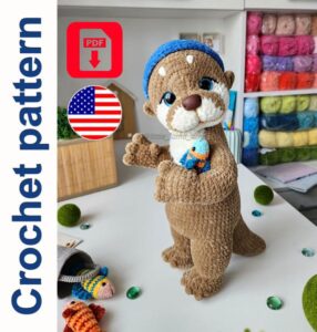 11.95 USDCrochet your own charming and expressive otter with this detailed amigurumi pattern — a soft and cuddly toy with sparkling eyes, a cute round nose, and an adorable fish friend. The otter's head is attached with a cotter pin joint for natural movement, while the arms, legs, and tail are crocheted directly into the body for added strength and structure.This PDF pattern includes both step-by-step photos and video tutorials to help guide you through each stage of the process. The finished toy stands approximately 13–14 inches (33–35 cm) tall when made with the recommended yarn.🧶 The toy is made using plush and velour yarns for a super soft texture. The fish and bucket are optional accessories that add extra charm (included in the pattern).📝 The PDF pattern includes:• Clear written instructions• High-quality process photos• QR-coded video tutorials for complex parts📌 The pattern is suitable for intermediate crocheters familiar with amigurumi techniques.Please note: this is a digital PDF file — not a finished toy. Materials are not included. Pattern available in English only.🧵 Materials and tools used:• Yarn:– Lavita Yarn Velur, color №1039 (brown), almost 2 skeins (main body)– Himalaya Dolphin Baby, colors №80363 (milk, for the muzzle) and №80301 (white, for eye whites)– YarnArt Mink, color №345 (milk, for the chest)– YarnArt Jeans, color №53 (black, for eyebrows and arrows)– Alize Cotton Gold, color №21 (for the bucket)– Microvelour yarn (or YarnArt Jeans), 100g/350m in 3 colors (for the fish)• Hooks:– 3.5 mm (E / 9), 2.5 mm (C / 12), 2 mm (B / 14)• Other tools and supplies:– Tapestry needle for sewing and sculpting– Safety eyes 18 mm, sparkling trapezoid shape– Oval nose 22×15 mm (can be made from polymer clay)– Stitch marker or contrast thread– Hollowfiber stuffing– Scissors– Cotter pin 3.2×32 mm + 2 disks (45 mm diameter) — for the head– Dry pastel and a brush (for toning)– Floral wire (0.9–1 mm), 2 pieces, 40 cm each– Adhesive tape– Beer or bindery cardboard (1.5 mm thick)✅ You can substitute the yarn or tools with similar ones — the result may vary slightly in size and texture.