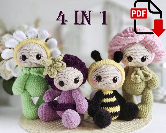12.44 USDCrochet pattern bundle to make four baby dolls dressed in plush chamomile, rose, blackberry, and bee costumes. This digital PDF set includes adorable nature-inspired amigurumi characters that can be used as nursery decor, baby shower gifts, seasonal spring displays, or handmade toys for children. Each doll features a soft velvet texture and a unique flower or insect theme, making the collection perfect for flower lovers, cottagecore decor, and whimsical nursery settings.All photos show real handmade toys created from this pattern. This pattern is written by a human, not generated by AI.PATTERN AVAILABLE IN ENGLISH ONLY.PLEASE NOTE: THIS PURCHASE IS ONLY FOR A DIGITAL CROCHET PATTERN, NOT THE FINISHED TOY. MATERIALS NOT INCLUDED.Instant digital download - ready to download once payment is confirmed.You will see the download link in details of your order.Final size of your work with the recommended materials and tools will be ~ 9 in (23cm); final size of your work will depend on how tight you crochet.Recommended materials and tools•Main yarn Himalaya Dolphin Baby or similar (120m/100gr)- choose any yarn colors and shades you like best.Chamomile - green yarn color (80350), a half of a skein yellow color (803130) and some white yarn (80301).Bee – a half of a skein yellow (80313) and black (80311) colors and some white yarn (80301).Rose – a skein of pink (80303)/ (80319) and green colors (80359).Blackberry – a skein of purple (80334), a half of a skein violet (80328) and some green yarn color (80359).Raspberry – a skein of dark pink color (80324), a half of a skein maroon color (80339) and some green yarn color (80359).•Size 2,75- 3mm crochet hook (main).•Skin body yarn color to crochet the head; YarnArt Jeans color code 05 (160m/50gr) one skein is enough for 3 heads, Alize Cotton Gold color code 67 (330m/100gr) one skein is enough for 5 or 6 heads. •Size 1,75 or 2mm crochet hook for this yarn.•Threads matching color (Iris or Coco) to sew the parts to make sculpting, also you will need black thread color to embroider eyelashes and eyebrows.•A cotter pin, d. 25-30mm and narrow - nose pliers.•Toy eyes d.13-15mm.•Wide-eyed sewing needle.•Toy stuffing.•Scissors.•Stitch marker.