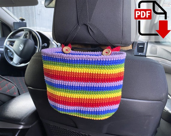 4.00 USDCrochet car trash bag pattern.Create your own crochet car trash Bag with this easy crochet pattern.ATTENTION: This is a PDF crochet pattern! Not a ready-made car trash bin. Materials not included.Cute mini trash bag for your car! Perfect for those pesky receipts and straw trash! Attaches easily to your passenger side or driver side headrest. Simply run the button strand around the metal bracket, button it back into the can, and you're done!It's perfect to holder things that you need to have close while you go in your car (water bottles, hands sanitizers, gloves and scarves, napkins, cellphone)There are NO REFUNDS after purchase since this is a DIGITAL DOWNLOAD. This template crochet pattern is delivered via digital instant download.When your payment is completed, you will receive an email from Etsy with a download link.This very simple amigurumi pattern includes step-by-step photos to help you along the way.Language: EnglishMeasurements:7" wide x 2.7" deep x 5.1" tallRecommended materials and toolsAran/Worsted/10ply yarn YarnArt JEANS PLUS (160m/100g) of green, red, orange, yellow, blue and purple colorsSewing needle Hooks size 4 mm 2 wooden buttons size 20 mmAbbreviations:ch – chain sc – single crochet inc – crochet 2 sc in one stitcht-ch – turning chain(….) * n – repeat instruction in brackets N times (…) – number of loops in a row / round