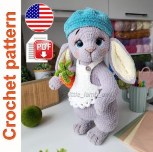 11.95 USDCrochet your own adorable bunny with this detailed amigurumi pattern — a soft plush rabbit with long floppy ears, sparkling eyes, and a cute carrot accessory. The head is attached with a cotter pin joint for natural movement, while the body, arms, and legs are crocheted firmly to keep the toy durable and cuddly.This PDF pattern comes with step-by-step instructions, process photos, and video support to guide you through each stage. The finished bunny stands about 14.5–15 inches (37–38 cm) tall when made with the recommended plush yarn.🧶 Yarn & texture:The bunny is made with Himalaya Dolphin Baby or similar plush yarn for an extra soft touch. Additional colors are used for the apron, carrot, and small details.📝 The PDF pattern includes:• Clear written instructions in US crochet terms• High-quality step-by-step photos• Abbreviations list for stitches• Video tutorials via QR codes for complex parts📌 Skill level: Intermediate — suitable for crocheters with basic amigurumi experience.⚠️ Please note: This is a digital PDF crochet pattern, not a finished toy. Materials are not included. Pattern available in English only.🧵 Materials and tools used:• Yarn: Himalaya Dolphin Baby (main body, muzzle, carrot, apron), YarnArt Jeans (black for details)• Crochet hook 3.5 mm (E/9)• Safety eyes 20 mm, tapestry needle, stuffing material (hollowfiber balls)• Cotter pin 3.2×32 mm with two 50 mm disks (for the head)• Floral wire (0.9–1 mm), dry pastel + brush for toning, adhesive tape• Scissors, stitch marker, optional cardboard for shaping✅ You may substitute yarn or tools with similar ones — final size and texture may vary slightly.