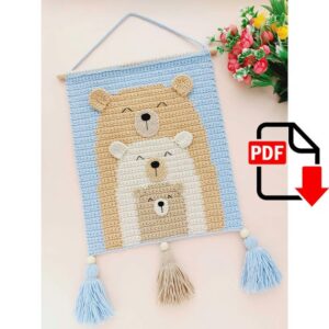 6.20 USDCreate your own crochet wall hanging decor with this crochet pattern! This easy-to-follow pattern includes 1 PDF file with detailed instructions and Graphical Scheme. It will be wonderful wall decor for your home or as a baby shower gift.Only basic crocheting skills will be needed: chain, single crochet, slip stitch, double crochet, increasing, decreasing.I’m sure that you love this sweet bears family! You can always ask me if you have any questions.This pattern is in English language.Please note that this is a crochet pattern (PDF file), not the toy. Materials not included. The file will be available for download immediately after purchase. MATERIALS:Yarn Art Jeans Plus – 07 (beige)Yarn Art Jeans Plus – 03 (milk)Yarn Art Jeans Plus – 75 (blue)Alize Cotton Gold Plus – 262 (dark beige)Yarn Art Jeans – 05 (milk)Yarn Art Jeans – 07 (beige)Yarn Art Jeans – 87 (dark beige)Yarn Art “Iris” - 935 (black) (for eyes and noses)Wooden or plastic stick — 30 cmHook – 3.00mmWooden beads – 3itemsAlso you need: scissors, needle with big eye.SIZE: 28х56cmPlease do not copy or redistribute this pattern or claim it as your own. You may sell your finished items if you like. Thank you for visiting my shop!