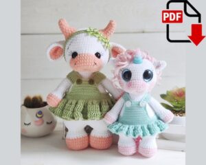 6.93 USDCreate two adorable plush animal dolls with this 2-in-1 crochet pattern bundle. This PDF tutorial includes instructions for making Lily the Unicorn and Lila the Cow, complete with their charming dresses. These cuddly amigurumi toys make wonderful handmade gifts for baby showers, birthdays, Christmas, nursery decor, or any collection of cute crochet animals.The patterns are suitable for crocheters with previous experience working with plush yarn and small details.Please note:* This is a DIGITAL DOWNLOAD in PDF format.* No physical toy or materials will be shipped.* The pattern is written in English.* This pattern was carefully written by a human and is not AI-generated.* All photos show real toys crocheted from this pattern.What's included:* PDF crochet pattern bundle* Step-by-step written instructions* Instructions for making: * Lily the Unicorn * Lila the Cow * Dresses for both dollsFinished size:The finished size depends on the yarn, hook size, and your crochet tension.Using the recommended materials, the large and small versions will differ in size according to the yarn you choose.Materials and tools:# Main toy:* Himalaya Dolphin Baby (120 m / 100 g) for the large unicorn and cow (approximately 1½ skeins)* or Himalaya Dolphin Fine (175 m / 100 g) for the smaller version (1 skein)* Matching yarn for the muzzle and hooves* Gazzal Baby Cotton (165 m / 50 g) for the mane (approximately 50 g)* Crochet hooks: * 3.0–3.5 mm for Dolphin Baby * 2.0–2.5 mm for Dolphin Fine * 1.75 mm for the mane* Safety eyes or wire-loop eyes (15–24 mm)* Plastic horn (or crochet your own)* 2 buttons for the nostrils* Fiberfill stuffing* Matching sewing thread* Black embroidery thread* Long sewing needle* Stitch marker* Scissors# Dresses:* Alize Cotton Baby (270 m / 100 g), approximately 50 g for the large doll* Alize Diva Baby (350 m / 100 g), approximately 25 g for the small doll* 2.0 mm crochet hook for the large dress* 1.25 mm crochet hook for the small dress* Matching sewing thread and needle* 2 buttons for the shoulder straps