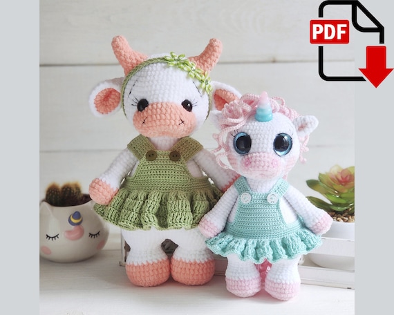 6.93 USDCreate two adorable plush animal dolls with this 2-in-1 crochet pattern bundle. This PDF tutorial includes instructions for making Lily the Unicorn and Lila the Cow, complete with their charming dresses. These cuddly amigurumi toys make wonderful handmade gifts for baby showers, birthdays, Christmas, nursery decor, or any collection of cute crochet animals.The patterns are suitable for crocheters with previous experience working with plush yarn and small details.Please note:* This is a DIGITAL DOWNLOAD in PDF format.* No physical toy or materials will be shipped.* The pattern is written in English.* This pattern was carefully written by a human and is not AI-generated.* All photos show real toys crocheted from this pattern.What's included:* PDF crochet pattern bundle* Step-by-step written instructions* Instructions for making: * Lily the Unicorn * Lila the Cow * Dresses for both dollsFinished size:The finished size depends on the yarn, hook size, and your crochet tension.Using the recommended materials, the large and small versions will differ in size according to the yarn you choose.Materials and tools:# Main toy:* Himalaya Dolphin Baby (120 m / 100 g) for the large unicorn and cow (approximately 1½ skeins)* or Himalaya Dolphin Fine (175 m / 100 g) for the smaller version (1 skein)* Matching yarn for the muzzle and hooves* Gazzal Baby Cotton (165 m / 50 g) for the mane (approximately 50 g)* Crochet hooks: * 3.0–3.5 mm for Dolphin Baby * 2.0–2.5 mm for Dolphin Fine * 1.75 mm for the mane* Safety eyes or wire-loop eyes (15–24 mm)* Plastic horn (or crochet your own)* 2 buttons for the nostrils* Fiberfill stuffing* Matching sewing thread* Black embroidery thread* Long sewing needle* Stitch marker* Scissors# Dresses:* Alize Cotton Baby (270 m / 100 g), approximately 50 g for the large doll* Alize Diva Baby (350 m / 100 g), approximately 25 g for the small doll* 2.0 mm crochet hook for the large dress* 1.25 mm crochet hook for the small dress* Matching sewing thread and needle* 2 buttons for the shoulder straps