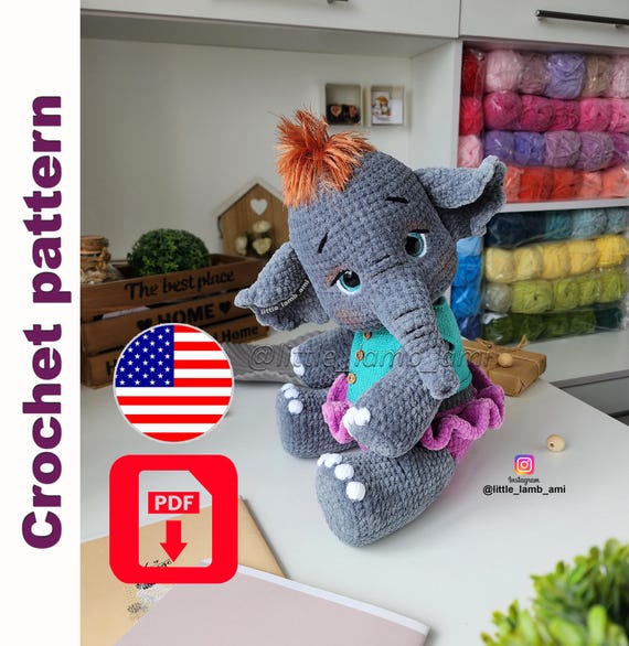 11.95 USDCrochet your own soft and expressive baby elephant with this detailed amigurumi pattern — a plush toy full of personality, featuring big eyes and a gentle face. The goatling's head is attached with a cotter pin joint for natural movement.This PDF pattern includes both photo and video tutorials to guide you through every step of the process, making it ideal for confident beginners and experienced crocheters alike. The finished toy stands approximately 15.8 inches (40 cm) tall with horns when made with the recommended materials.🧶 The toy is made using plush yarn and safety eyes.The legs and arms are crocheted directly into the body, giving the elephant a stable, cuddly structure.📝 The PDF pattern includes:Step-by-step written instructionsHigh-quality photos for each stageQR-coded video tutorials for more complex partsPlease note: this is not a beginner-level crochet course. You’ll need basic amigurumi and crochet skills to complete the toy.📌 The pattern is available in English only.This is a digital product (PDF) — not a finished toy. Materials are not included.🧵 Materials and tools used:- As the main yarn use Himalaya Dolphin baby, color #80369 (grey), needed 2 skeins. You can choose anyother color you like. Also use color #80356 for the skirt, and color #80301 white for the nails and the whites.;- Yarn Lanosa Single, color #922 for the hair;- Yarn YarnArt Jeans, color #53 black for the arrows andthe eyebrows;- Yarn Gazzal baby cotton, color #3426 for the shirt;- A crochet hook E / 9 / 3,5 mm for the plush yarn and C /12 / 2,5 mm for the hair;- Circular knitting needles 0 / 14 / 2 mm;- A tapestry needle for sewing the details together andsculpting;- Sparkling trapezoidal safety eyes 20 mm;- A marker or a thread of a contrast color;- Stuffing material, I use hollowfiber balls;- Scissors;- A cotter pin 3,2R32 mm, and 2 discs dia = 50 mm for thehead attachment;- Dry pastel and a synthetic brush for toning;- 3 buttons dia = 8-9 mm.For the elephant made of Himalaya dolphin fine you needeyes dia = 18 mm, 2 discs dia = 45 mm for the headattachment. Also, you will need only 1 skein of yarn for thetoy.✅ You may use alternative yarns or tools — the finished size and look may vary.