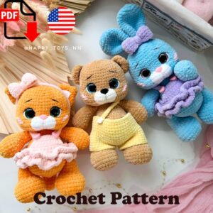 11.90 USDCreate an adorable set of three plush woodland friends with this crochet pattern featuring a kitten, bunny, and bear dressed in removable outfits. You'll crochet soft amigurumi toys with a one-piece head and body, plus a sweet dress, overalls, and a matching headband. This pattern is suitable for crocheters with basic crochet skills and is perfect for making nursery decor, handmade gifts, or a charming toy collection.Please Note:- This is a DIGITAL PDF DOWNLOAD only. No physical item will be shipped.- The pattern is written in English using standard crochet abbreviations.- This crochet pattern was written by a real designer and is not AI-generated.- All photos in this listing show real handmade toys created from this pattern.Your PDF pattern includes:- 33 pages with detailed step-by-step instructions- Plenty of clear progress photos- Helpful video tutorials for the more challenging techniques- Material recommendations- Instructions for making: - Plush kitten - Plush bunny - Plush bear - Dress - Overalls - HeadbandPlease note that this pattern does not teach the basic techniques of crochet. You should already be familiar with fundamental crochet stitches before starting.Finished Size:The finished toy measures approximately 9 inches (23 cm) tall, not including the bunny's ears.The finished size may vary depending on your yarn choice, hook size, and individual crochet tension.Construction:The head and body are crocheted as one continuous piece. The muzzle, arms, and legs are crocheted directly into the body during the process to minimize sewing. Only the ears and tails are sewn on after crocheting.Materials & Tools:- Plush chenille yarn similar to Himalaya Dolphin Baby (approximately 120 m / 100 g) or another yarn with similar characteristics- Approximately 1.5 skeins of the main body color- Small amount of white or cream plush yarn for the muzzle- Small amount of thin black and pink yarn for facial details- About 1/3 skein of plush yarn for the dress or overalls- Decorative buttons (1 for the overalls or 2 for the dress)- 20 mm safety eyes- 18 × 14 mm safety nose- 4 mm crochet hook- Polyester fiberfill or similar toy stuffing- Long sewing needle for assembling the remaining details