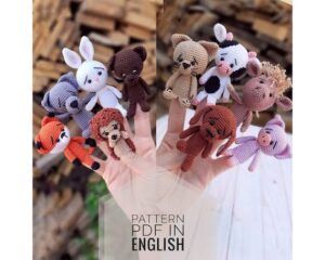 12.00 USDCrochet Pattern Finger Puppets Set «Domestic and wild animals». Finger puppets crochet.The scheme includes a description of ten animals:Pets:Piggy, cat, dog, horse, cow.Wild animals:Fox, wolf, hare, bear, fox, hedgehog. The size of the toy made of thin yarn is 3.15 inches (8 cm), when knitting anotheryarn, the size of the toy will also be different. Recommended materials and supplies- Thin yarn Vita Cotton Iris (25 gr/150 meters) white, grey, brown, dark brown,orange, pink, dark pink, beige and some black color.Crochet hook size 1,2 - 1,5mm.20 beads to make the eyes 1,5 – 2 mm.Toy stuffing (hollow fiber).Needle, scissors.A little clear glue.