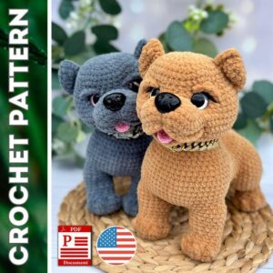 11.55 USDCreate your own adorable plush puppy with this crochet pattern PDF. The pattern will help you make a soft amigurumi dog with a large expressive head, sculpted muzzle, and sturdy standing body. The body and head are crocheted as one piece, while the legs, tail, and muzzle are worked directly into the design as you crochet. This project is suitable for crocheters with previous experience and makes a wonderful handmade gift, nursery decoration, collectible toy, or addition to an amigurumi animal collection.DIGITAL DOWNLOAD• This listing is for a digital PDF crochet pattern, not a real toy.• No physical item will be shipped.• The pattern is written in English.• This pattern was created by a human designer and is not AI-generated.• All photos in this listing show real toys made from this pattern.WHAT'S INCLUDED• 51-page PDF pattern• Detailed written crochet instructions• More than 150 step-by-step process photos• 10 video links demonstrating difficult techniques and tricky sections• Instructions for making the complete puppy shown in the photosFINISHED SIZEUsing the recommended materials, the finished puppy measures approximately:• Height: 25 cm (9.8 inches), including the ears• Length: 24 cm (9.4 inches)Final size may vary depending on your yarn choice, hook size, and crochet tension.MATERIALS AND TOOLSYarn:• Plush yarn (120 m / 100 g) – approximately 1.5 skeins• Small amount of black and pink cotton yarn (160 m / 50 g) for eye embroidery and crocheting the tongueHooks:• Main crochet hook: 4 mm• Crochet hook for the tongue: 2.5 mmAdditional Materials:• Fiberfill or polyester stuffing• Firm thread for sculpting• Trapezoid-shaped 18 mm safety eyes• Safety dog nose, 26 × 21 mm (25 × 19 mm or 23 × 18 mm can also be used)• Scissors• Tapestry needle• Pins• Stitch markerOptional:• Decorative dog collar chain approximately 20 cm (8 inches) longYou may use different yarns and tools if desired. Please note that changing materials may affect the final size and appearance of the finished toy.