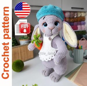 11.95 USDCrochet your own adorable bunny with this detailed amigurumi pattern — a soft plush rabbit with long floppy ears, sparkling eyes, and a cute carrot accessory. The head is attached with a cotter pin joint for natural movement, while the body, arms, and legs are crocheted firmly to keep the toy durable and cuddly.This PDF pattern comes with step-by-step instructions, process photos, and video support to guide you through each stage. The finished bunny stands about 14.5–15 inches (37–38 cm) tall when made with the recommended plush yarn.🧶 Yarn & texture:The bunny is made with Himalaya Dolphin Baby or similar plush yarn for an extra soft touch. Additional colors are used for the apron, carrot, and small details.📝 The PDF pattern includes:• Clear written instructions in US crochet terms• High-quality step-by-step photos• Abbreviations list for stitches• Video tutorials via QR codes for complex parts📌 Skill level: Intermediate — suitable for crocheters with basic amigurumi experience.⚠️ Please note: This is a digital PDF crochet pattern, not a finished toy. Materials are not included. Pattern available in English only.🧵 Materials and tools used:• Yarn: Himalaya Dolphin Baby (main body, muzzle, carrot, apron), YarnArt Jeans (black for details)• Crochet hook 3.5 mm (E/9)• Safety eyes 20 mm, tapestry needle, stuffing material (hollowfiber balls)• Cotter pin 3.2×32 mm with two 50 mm disks (for the head)• Floral wire (0.9–1 mm), dry pastel + brush for toning, adhesive tape• Scissors, stitch marker, optional cardboard for shaping✅ You may substitute yarn or tools with similar ones — final size and texture may vary slightly.