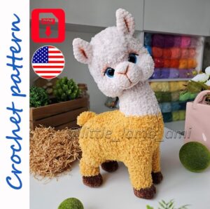 12.20 USDCreate your own fluffy crochet alpaca with this detailed PDF crochet pattern. The finished toy features a soft plush body, a long neck, expressive embroidered details, and a movable head attached with a cotter pin, making it easy to pose. This amigurumi project is suitable for crocheters with intermediate skills and makes a wonderful nursery decoration, handmade gift, or collectible plush toy.This crochet pattern is ideal for anyone who enjoys making realistic plush animals with expressive faces and soft textures. The finished alpaca looks beautiful as nursery decor, a thoughtful handmade gift, or a charming addition to any amigurumi collection.This crochet pattern is designed to help you make a large, cuddly alpaca using plush yarn. Clear written instructions, detailed photos, and video support for the more challenging steps make the process easier to follow while still leaving you with the satisfaction of creating the toy yourself.Please note:- This is a DIGITAL DOWNLOAD (PDF crochet pattern), not a finished toy.- No physical item will be shipped.- The pattern is written in English (US crochet terms).- This pattern was written by a human designer and is not AI-generated.- All photos show real alpacas crocheted from this pattern.What's included:- PDF crochet pattern in English- Step-by-step written instructions- Detailed process photos- Video links for the most challenging techniques- Instructions for creating the complete alpaca with a movable head on a cotter pin jointFinished size:The finished alpaca measures approximately 13.4–13.8 inches (34–35 cm) tall.The final size may vary depending on your yarn choice, hook size, and personal crochet tension.Materials and tools:- Himalaya Koala plush yarn (100 g / 100 m): Color No. 75705 (Mustard) – main body Color No. 75701 (Light Beige) – head and neck 1 skein of each color- Himalaya Dolphin Baby: Color No. 80342 (Light Beige) – ears Color No. 80378 (Brown) – hooves Color No. 80301 (White) – eye whites- YarnArt Jeans, Color No. 53 (Black) – eyelashes and nostrils- Vita Cotton Coco: Color No. 3889 – eye sculpting Color No. 4306 – embroidery and sculpting of the nose and muzzle- 3.5 mm crochet hook- 20 mm safety eyes- Polyester fiberfill (or similar stuffing)- Tapestry needle for sewing and sculpting- Stitch marker or contrasting yarn- Scissors- Cotter pin joint (3.2 × 32 mm) with two 45 mm discs for the movable head attachment