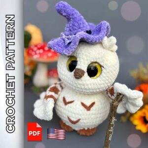 7.50 USDCrochet pattern for making a Halloween owl amigurumi with a purple witch hat and pumpkin-style base. This digital PDF tutorial helps you create a soft stuffed owl toy with textured details and oversized eyes, suitable for Halloween decor, a seasonal handmade gift, or a cozy addition to a fall crochet collection. The design combines woodland and witchy themes, making it a good fit for autumn displays, craft fairs, or nursery shelf decor. Instant digital download with step-by-step instructions for crocheters.All photos show real handmade toys created from this pattern. This pattern is written by a human, not generated by AI.This crochet pattern consists of detailed written instructions accompanied by step-by-step photographs of the crochet owl, pumpkin, and cap process and video links of difficult moments.This pattern does not include the lessons of crocheting. You must have previous knowledge of crochet techniques.The toy is crocheted as one piece, i.e., the body and head are crocheted together. The wings, tail, and beak are sewn on.The height of the finished toy using the sated materials is about 17-19 cm (6.6-7.9 inches) excluding the hat and pumpkin.The crochet pattern in Pdf format includes:- detailed text description of knitting on 39 pages;- more than 100 high-quality photos of the process;- 4 links to videos of difficult moments (you need to click on the text highlighted in pink and you will be automatically redirected to the desired video).The template is only available in English.Please note: this is not a readymade toy. Materials not included.The required materialsOWL•4 mm basic crochet hook, and 2.5 mm crochet hook for the beak.•Plush yarn (120m/100g).Basic color - about 80 g, additional color 15 g.For the brown owl, I used yarn Dolphin BAMBINO basic color 10019 (brown) and additional color 80365 (light brown).You may change to LaVita Yarn Velur 7211 (caramel) and 7119 (cappuccino).For the white owl, I used yarn Dolphin BAMBINO basic color 80308 (milk) and additional color 10019 (brown).You can change to LaVita Yarn Velur 1011 (milk) and 7211 (caramel).•For the beak and eyes design, a bit of brown and black YarnArt Jeans (160m/50g).•Firm thread for sculpting. •Stuffing material (fiberfill/polyester).•Trapezoid safety eyes d=25 mm (I used with a slanted pupil). •Scissors, tapestry needle, pins, and stitch markers to indicate the beginning of the round. Pumpkin•4 mm crochet hook.•Plush yarn (120m/100g).I used LaVita Yarn Velur color 3112 (orange grapefruit) - 35 g.•Firm thread for tightening.•Stuffing material (fiberfill/polyester). •Scissors, tapestry needle, pins, stitch markers to indicate the beginning of the round. Cap•4 mm crochet hook.•Plush yarn (120m/100g).I used LaVita Yarn Velur color 4150 (lilac) - 20 g; 5301 (dark blue) - 5 g.•Scissors, tapestry needle, stitch markers to indicate the beginning of the round. •Bow, beads and other for decoration (optionally). ✅ You can use any yarn and tools, but the final size of the toy may vary.