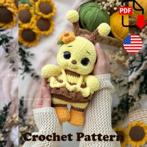 10.09 USDCrochet bee pattern in PDF format for a soft plush amigurumi toy made with velvet yarn. This pattern will help you create a sweet bee wearing a ruffled dress with a flower accessory, perfect as a nursery decoration, handmade gift, or part of a seasonal toy collection. The instructions are designed for crocheters with basic amigurumi skills and do not include beginner crochet lessons.Please Read Before Purchasing:* Digital PDF download only - no physical item will be shipped.* Pattern language: English.* This crochet pattern is written by a human designer and is not AI-generated.* All photos in this listing show real toys made from this pattern.The PDF pattern includes:* 25 pages with detailed step-by-step instructions.* Helpful video tutorials for more challenging techniques.* Material recommendations.* Numerous clear reference photos throughout the pattern.The pattern is easy to follow if you are familiar with basic crochet stitches and amigurumi techniques.Finished Size:The finished bee measures approximately 9 in (23 cm) tall, not including the antennae.The finished size may vary depending on your yarn choice, hook size, and personal crochet tension.Construction:The head and body are crocheted as one continuous piece. The arms and legs are crocheted into the body as you work, reducing sewing. The wings, stinger, and antennae are sewn on after the main body is finished.Materials and Tools:The sample toy is made with Himalaya Dolphin Baby chenille yarn (120 m / 100 g). Similar velvet yarns such as YarnArt Dolce, Wolans Bunny Baby, or Himalaya Velvet can also be used.You will need:* About 2/3 skein of yellow chenille yarn.* About 1/4 skein of brown or black chenille yarn.* A small amount of orange chenille yarn for the feet.* About 1/5 skein of white chenille yarn for the wings.* Small amounts of brown, green, and orange chenille yarn (or your preferred colors) for the flower.* White chenille yarn for the eye whites.* Thin black yarn (such as YarnArt Jeans) for the eyelashes, eyebrows, and smile.* 20 mm safety eyes.* 12 × 10 mm safety nose.* 4 mm crochet hook.* Polyester fiberfill or other toy stuffing.* Long tapestry needle for sewing the details.