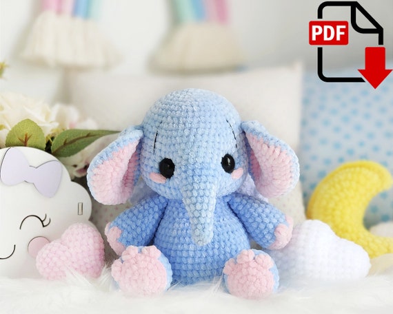 8.36 USDElephant the dreamer/Crochet pattern elephant / elephant pattern / Amigurumi PDF / Instant download crochet animals patternsLanguage: English and Russian.Please note: this is not a readymade toy. Materials not included.List of recommended materials and tools•Yarn HiMALAYA Dolphin Baby, gauge: 120m/100gr, grey – color code 351 or light blue – color code 306.You will need one skein and a half, about 110 gr main color.Final size of the work is 27 cm tall, final size of your work will depend on how tight you crochet.•Some additional yarn color: pink color code 303 or 319, and white yarn color code 301.•Size 3mm crochet hook.•Strong acrylic thread (Iris) to do sculpting and to sew the parts together.•Black thread to embroider the eyebrows.•Toy eyes d. 18 or 20mm.•Toy stuffing.•Wide-eyed needle to sew the parts togetherand to do sculpting.•Scissors.•Stitch markers.To crochet the elephant on the cover I chose YarnArt Velour.Yarn color: light blue 851, pink color 854.Size 2mm crochet hook.Toy eyes d. 15мм.Final size of the elephant is 21cm.To crochet the toy you may choose your favorite yarn and any color shades you like best or just follow my recommendations.