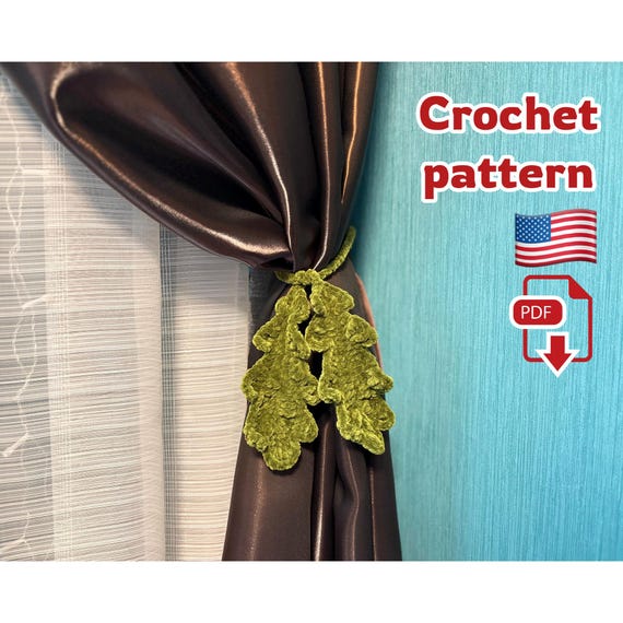 2.00 USDCrochet pattern for a textured leaf curtain tieback that adds a handmade botanical accent to your window decor. This PDF pattern will guide you through creating a practical curtain holder with dimensional leaves and a soft loop that wraps around the curtain. Perfect for fall and Thanksgiving decor, farmhouse or cottage-style interiors, and cozy nature-inspired home decor.This crochet pattern is 100% human-made and was not generated by AI.All photos show real handmade items created using this pattern.ATTENTION: This is a PDF crochet pattern! Note:— Crochet: in spiral continuous rounds or in rows— Leaves size approx. 6.1 inches, if they are crocheted with specified yarn— Each leaves can be crocheted with any colors and/or yarn thickness - you can choose how large (or colorful) you want your leaves to be! Abbreviations:ch – chainsc – single crochetsl st – slip stitchdc – double crochet hdc – half double crochet stitchdcinc – double crochet increase (2dc in one stitch)tr – treble crochetRecommended materials and toolsSuper Bulky/Super Chunky/14ply chenille yarn HIMALAYA DOLPHIN BABY (100g/120m) – of green (No. 361) colorHook size 3.5 mm by CloverSewing needle