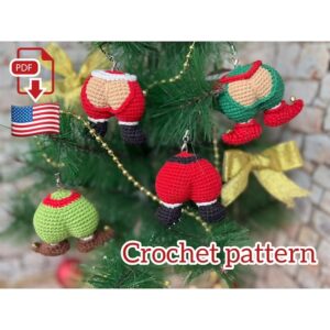4.99 USDCrochet pattern for making four funny Christmas ornaments featuring Santa and elf butts in two playful versions: with their pants up and with their pants down. These small holiday decorations are perfect for adding cheeky humor to a Christmas tree, fireplace display, car mirror, backpack, or keychain. The compact amigurumi designs make a fun Christmas crochet project and a humorous handmade gift for friends and family.All photos show real handmade toys created from this pattern. This pattern is written by a human, not generated by AI.This listing is an original pattern (written in English using American terminology) to crochet.Skills level – intermediate.— The size of the keychain is about 6 cm (2.3 inches); This is NOT THE FINISHED KEYCHAIN! This is DOWNLOADABLE PDF CROCHET PATTERN !____________________________This crochet pattern is easy to follow with step-by-step instructions, photos illustrating the process).It does not contain crochet lessons. You should have basic crochet skills to be able to crochet with the help of this crochet pattern.*****************************************This crochet pattern is available for Instant Download. When your payment is completed you will receive an email with all the information needed to download your file. This email will be sent to the email address connected with your Etsy Account. If you have any problem, please contact me.*********************************You will need Adobe Reader to open this Pattern. Materials and tools for the Santa’s buttSport weight/4ply yarn YarnArt JEANS of white (No. 01), black (No. 53), red (No. 90), beige (No. 07) colors.Sewing needle Hook size 2,25 mm by CloverStuffing toys materialKeychain fastenerMaterials and tools for the elves’s buttSport weight/4ply yarn YarnArt JEANS of white (No. 01), green (No. 52, 69), red (No. 90), beige (No. 07), brown (No. 70), yellow (No. 35) colors.Sewing needle Hook size 2,25 mm by CloverStuffing toys materialKeychain fastenerMetal sleigh bells 6 mmAbbreviations: MR – magic ring sc – single crochet inc – increase dec – decrease sl st – slip stitch BLO – back loops only(….) * n – repeat instruction in brackets N times (…) – number of loops in a row