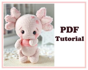 8.36 USDCrochet Pattern Baby Axolotl. Crochet pattern PDF. Amigurumi plush crochet pattern.Final size of the work with the indicated yarn is about 9.45 in (24 cm). Final size of your work willdepend on how tight you crochet.Recommended materials and tools:• Dolphin Baby by HiMALAYA, color code 80353, 120m/100gr. You will need about oneskein and a half or 2 skeins.•Some fluffy yarn to crochet around the gills and the tail: Mink by YarnArt, color code341.•Crochet hook size 2,75 or 3mm.•Some pink cotton yarn to make the cheeks and the spots: Cotton Baby by Alize, Jeans byYarnArt or Cotton Gold by Alize.•Crochet hook size for the yarn 1,75 or 2mm.•Threads matching color (similar to “Iris”) to sew the parts.•Black threads to embroider and to make sculpting.•Toy eyes d. 15-18mm.•Toy stuffing.•Long wide eyed needle to sew the parts and to make sculpting.•Scissors.•Stitch marker.For the top you will need:•Yarn Cotton Baby by Alize, color code 145.•2 buttons.•Crochet hook size 2,5mm.•A sewing needle and sewing threads to sew the buttons.