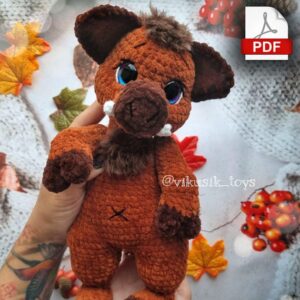 9.60 USDThe finished toy is ~11.8 inches / 30 cm tall using a 3.75 mm crochet hook and stated materials.Language: English and Russian.Please note: This is not a finished toy. Materials are not included. The required materials for crocheting the wild boar:3.75-4 mm crochet hook for plush yarn.Plush yarn 120 m/100 g – (Himalaya Dolphin Baby, Lavita Velur, and others)The basic color (110-150g). The additional color (hooves, snout) – 30g.Yarn (hair) – Lanoso Single (example of similar yarn: Yarnart TANGO, YarnArt Sambа, Аlize decofur) or Yarnart Mink.Black and white yarn – YarnArt Jeans or similar (for tusks, eyelashes, eyebrows, and so on).Safety eyes D=16-18 mm.Lighter to secure the washers.Firm thread to sew the parts (I use sewing thread).Thread for sculpting (I use YarnArt Jeans).Sewing and tapestry needles.Pins.Scissors.Stitch markers.Stuffing material.For movable arms:Disks D=25 mm and split pins.Round nose pliers.For a bow:Yarn YarnArt Jeans or similar.2mm crochet hook. Abbreviations (US):MR – magic ringsc – single crochetinc – increase – two single crochet in one stitchdec – decrease – two single crochet togetherch – chainsl st – slip stitch(…) inc – repeat increases are instructed(….) х 6 times – repeat 6 times or as instructed This is a paid pattern!This pattern is protected by copyright, and it is Intended only for personal use. This pattern is a work of authorship of Victoria Kravchenko.It is forbidden: change the pattern in whole or partly, use the instructions for your patterns or video tutorials, full or partial reproduction and distribution, exchange or send this pattern to third parties. It is forbidden to publish this pattern in a whole or partly on the internet, on public social networks, or private pages. Feel free to contact me if you have any questions.