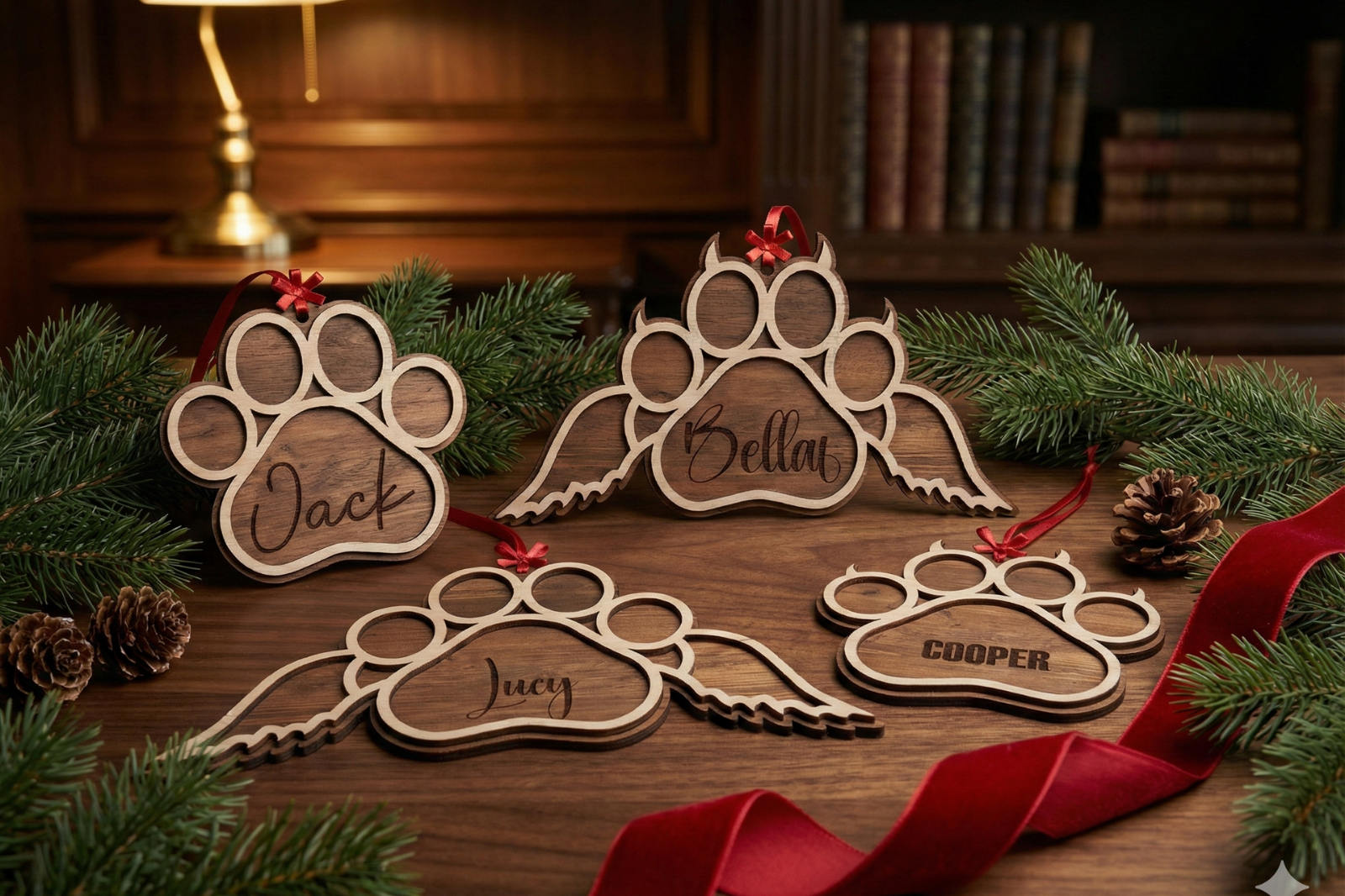 Personalized pet Christmas ornament SVG preview with named wooden paws