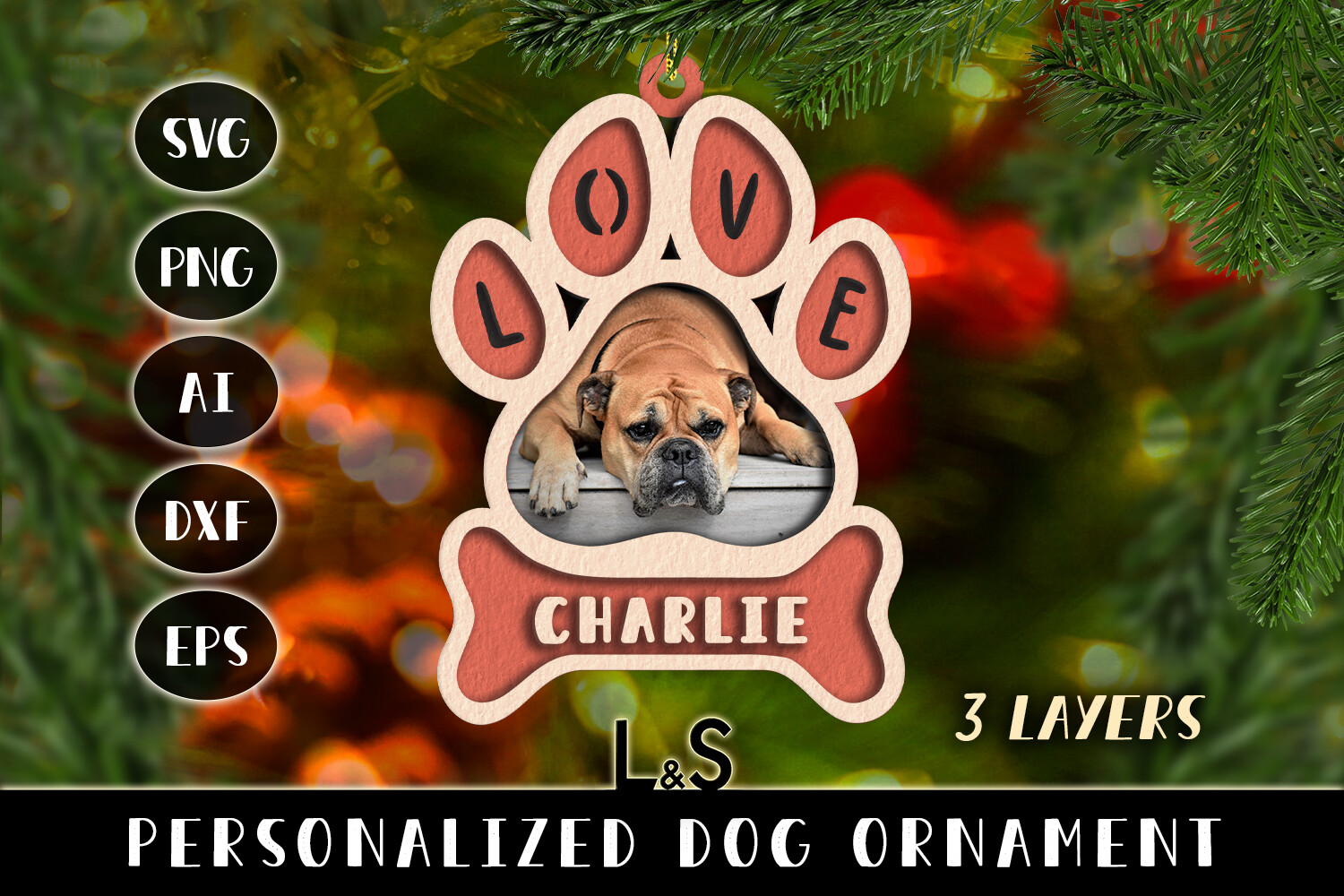 Three-layer paw photo ornament with a dog photograph and Charlie name tag