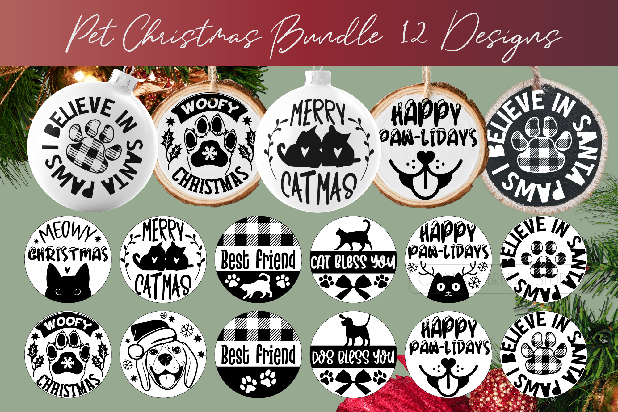 Dog and cat Christmas ornament designs with festive pet sayings