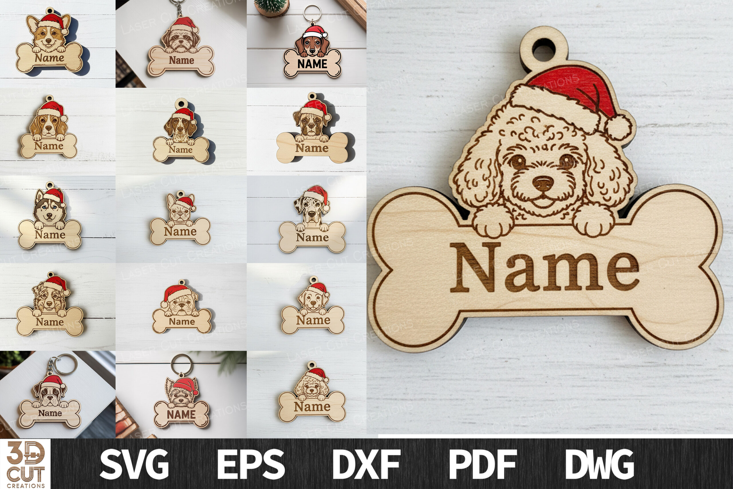 Dog wearing a Santa hat above a personalized bone-shaped name tag