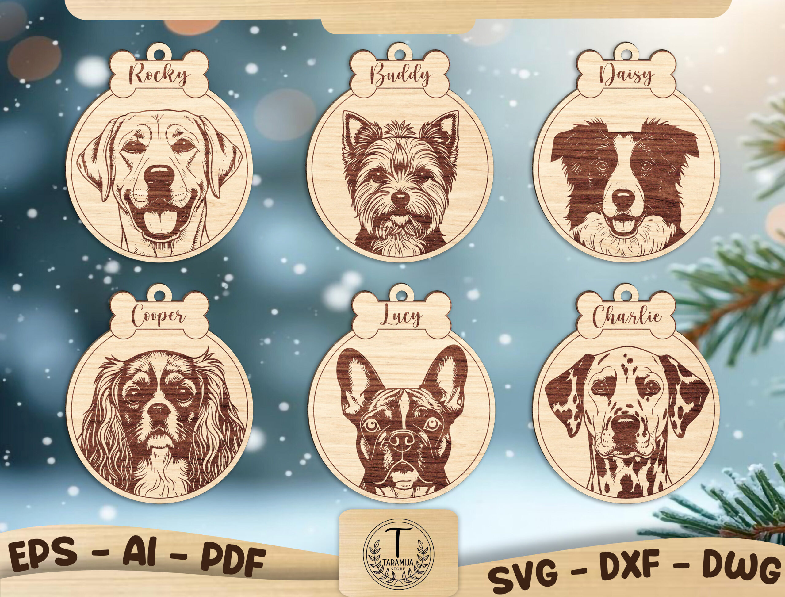 Six dog breed portrait ornaments with bone-shaped name plates