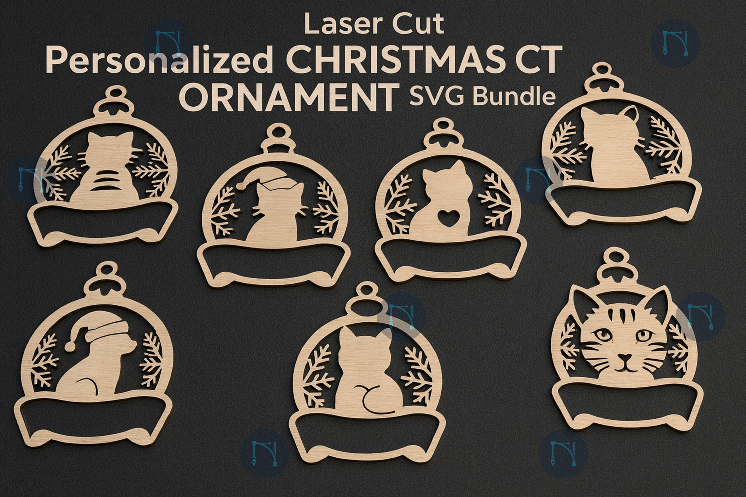 Seven personalized cat ornament designs with name plates and winter motifs