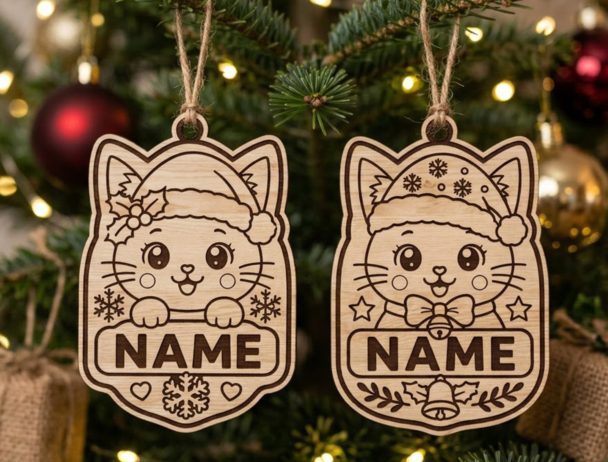 Two Christmas cat ornaments with winter hats and personalized name areas