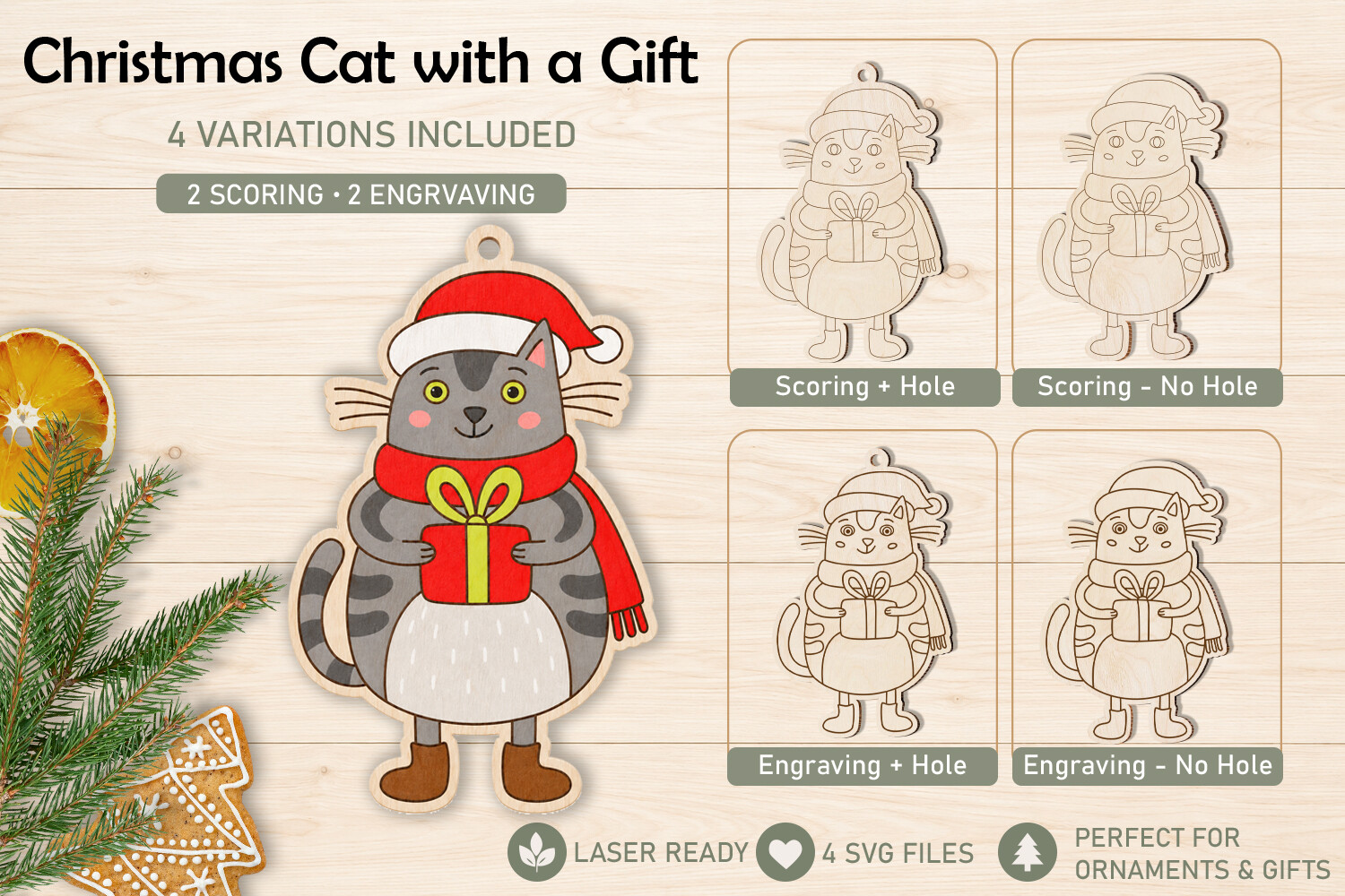 Christmas cat holding a gift with scoring and engraving file variants