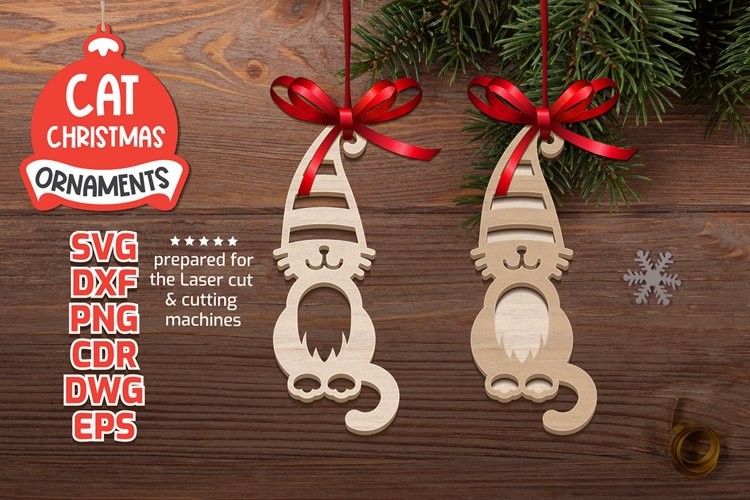 Layered cat gnome Christmas ornaments with tall hats and curled tails