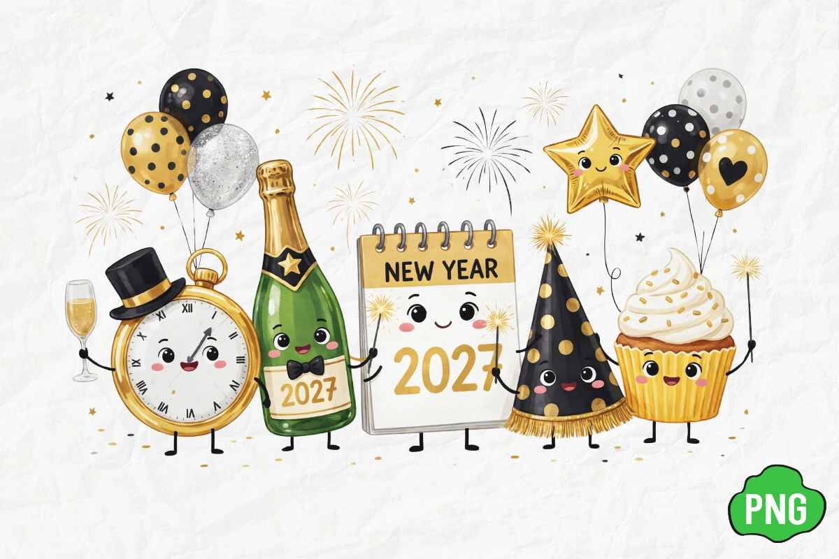Happy New Year 2027 PNG, Cute New Years digital design preview