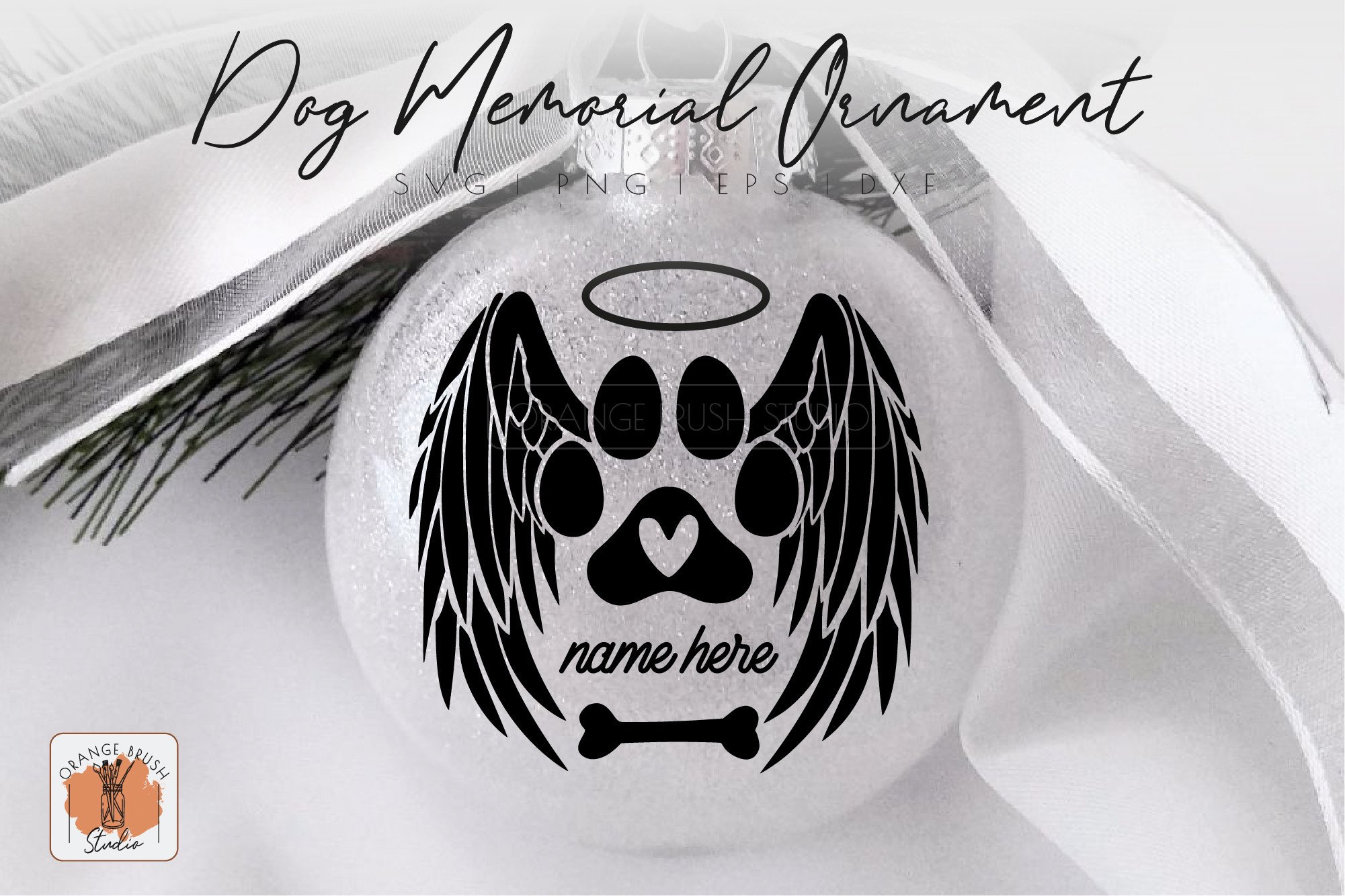 Memorial dog paw ornament design with angel wings and a personalized name