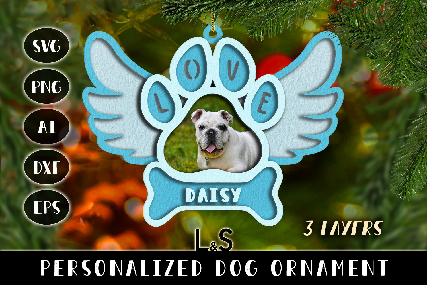 Three-layer winged paw memorial photo ornament with a dog photograph