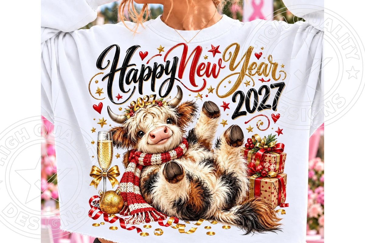 Happy New Year 2027 Highland Cow Champagne digital design preview