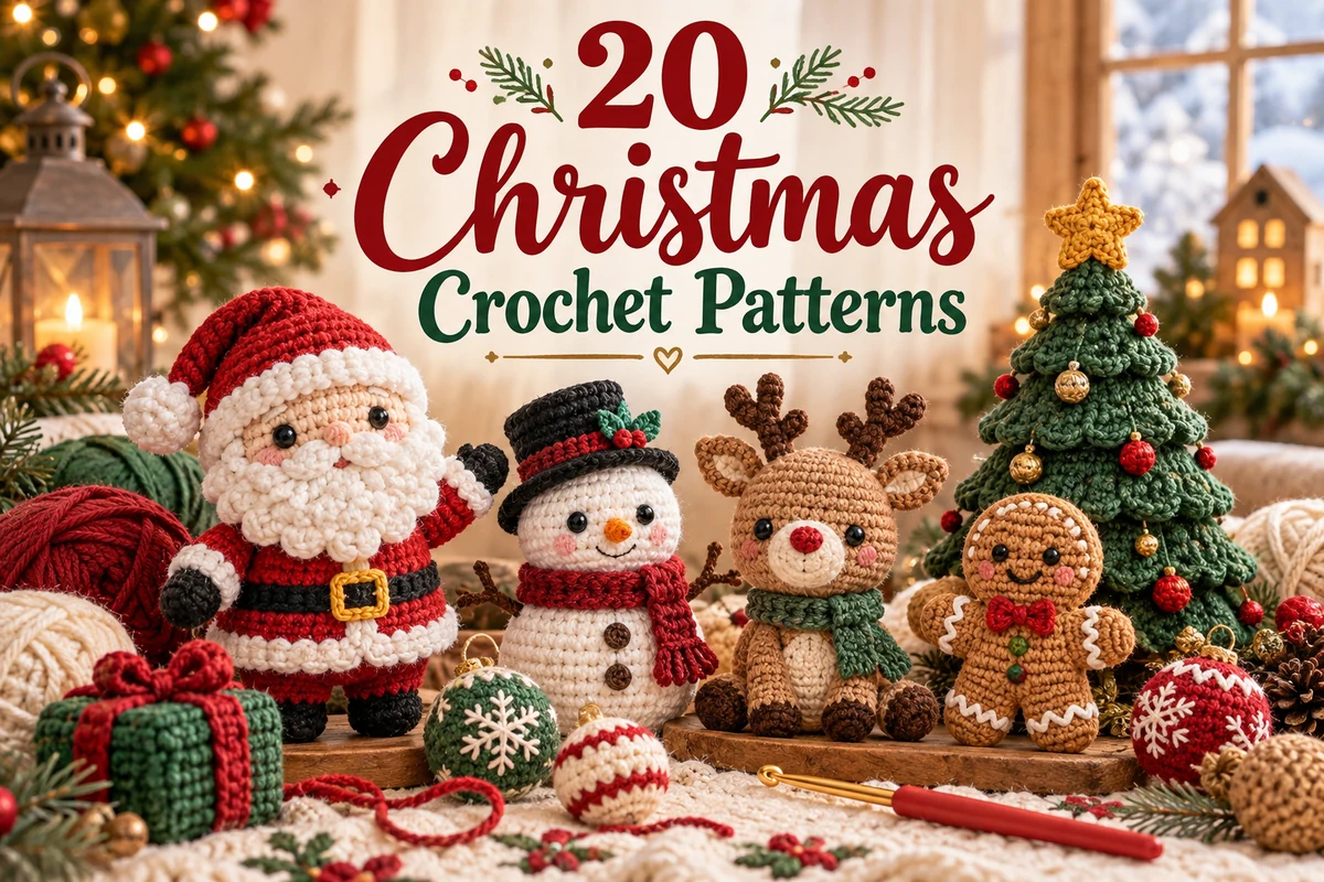 20 Christmas crochet patterns with Santa, snowman, reindeer and ornaments