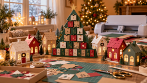 Cozy Christmas craft table with a paper Advent calendar tree and village houses