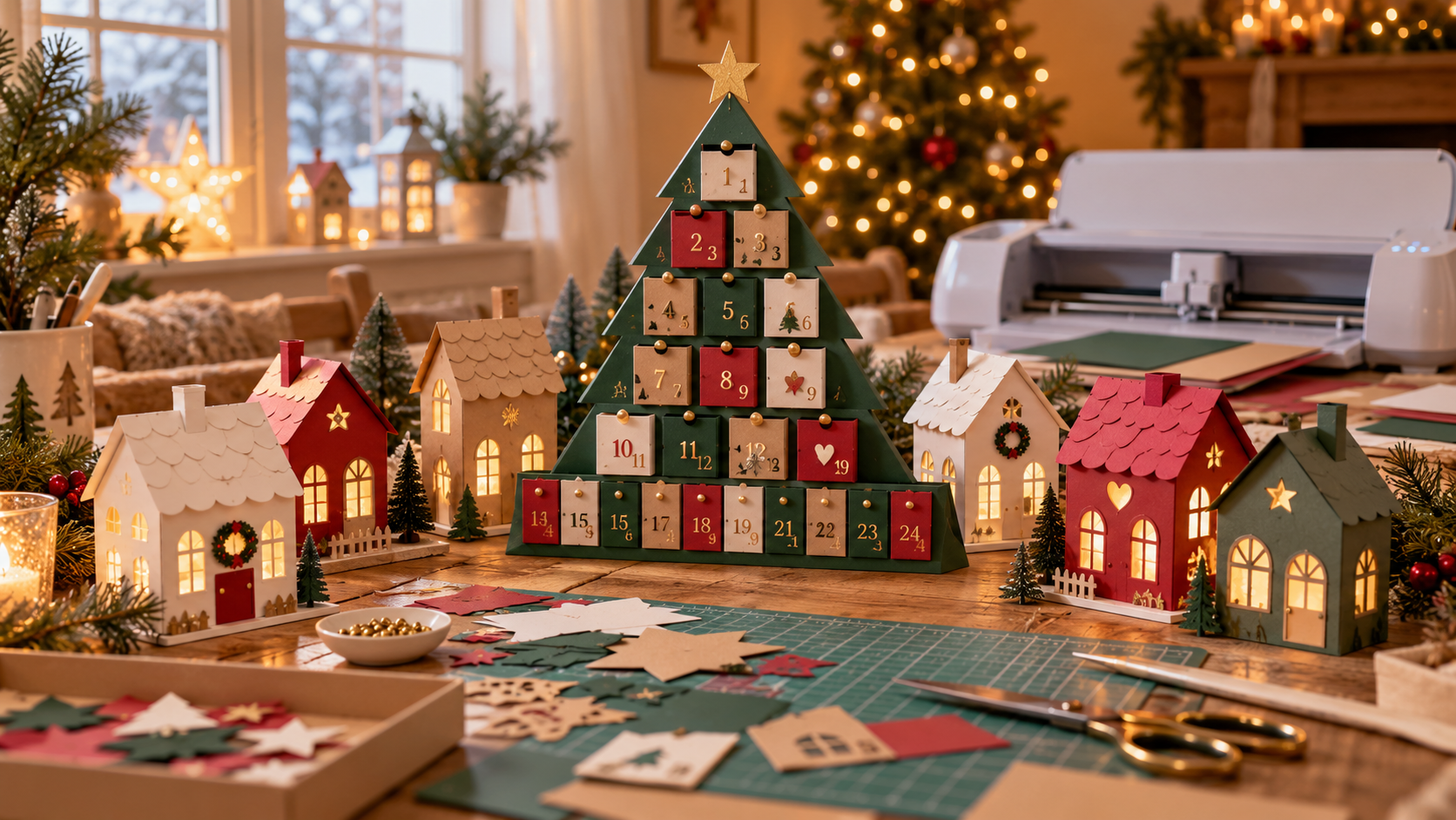 Cozy Christmas craft table with a paper Advent calendar tree and village houses